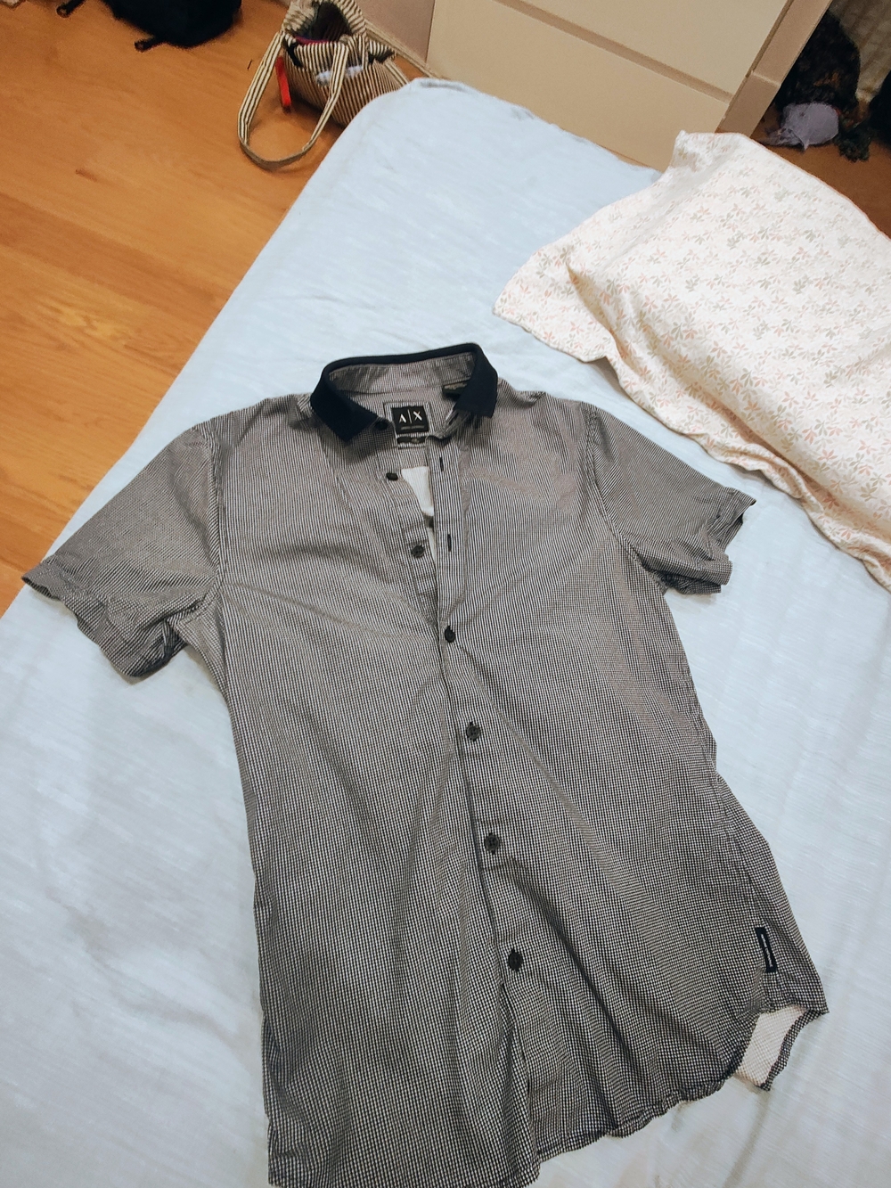 Armani Exchange Black and White Micro-Check Short-Sleeve Button Shirt
